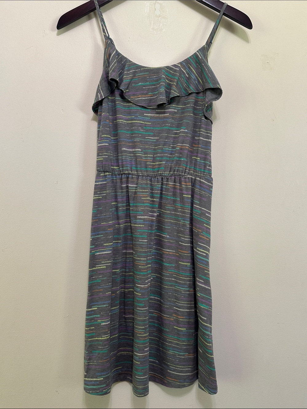 Sleeveless Ruffle-Front Casual Dress in Heather Gray with Teal Stripe